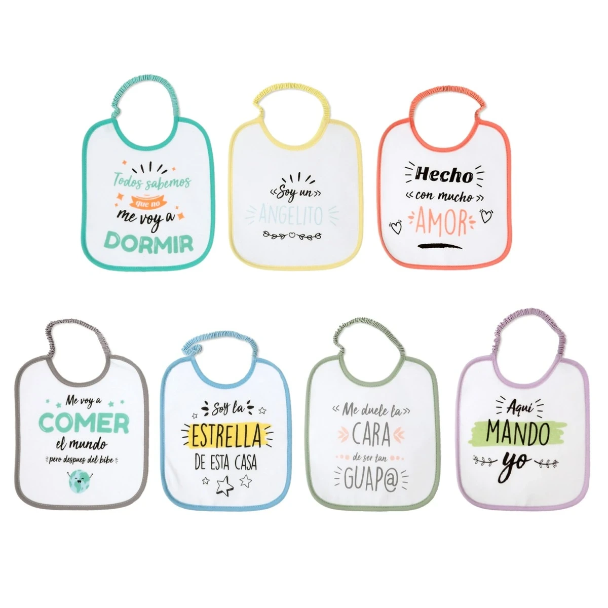KIOKIDS 6567. SET DE 7 BABEROS SEMANALES CON FRASES DIVERTIDAS
