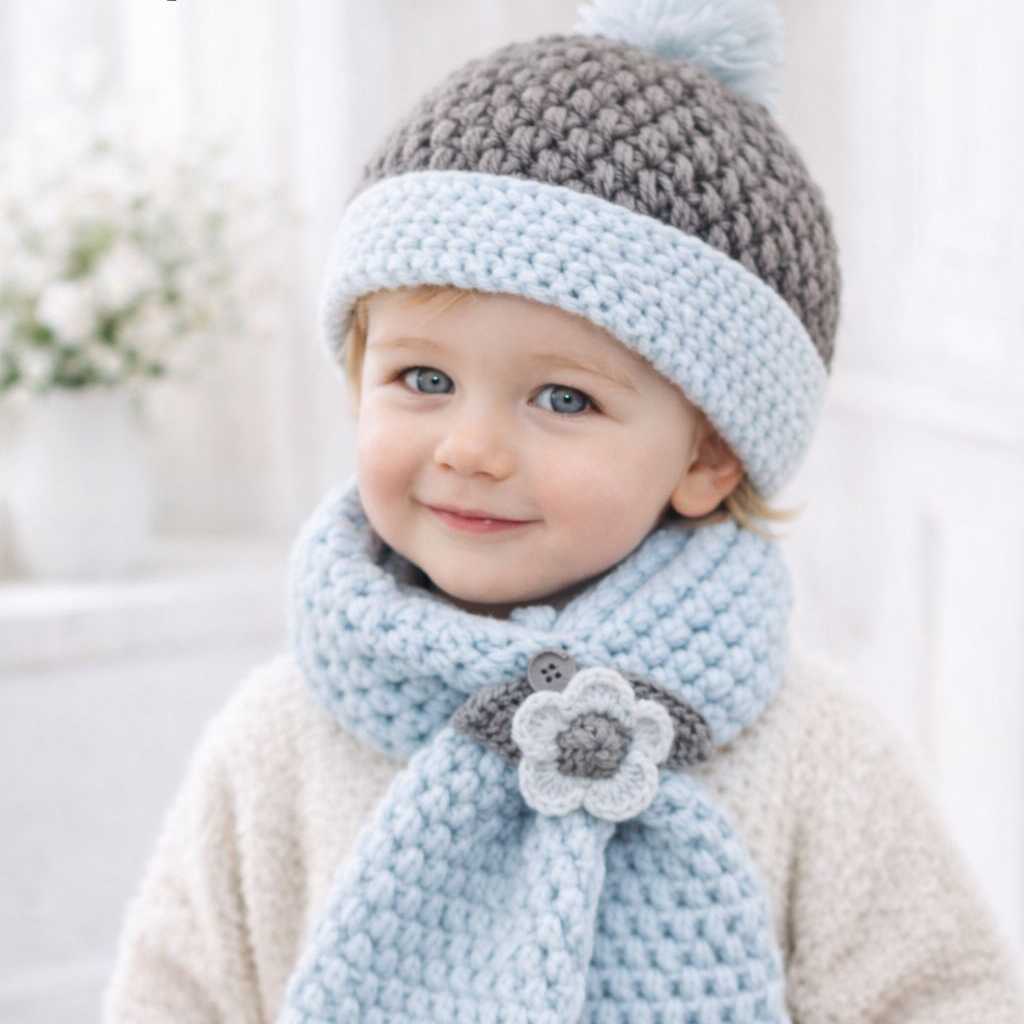 GORRO Y BUFANDA EN AZUL BEBÉ Y GRIS