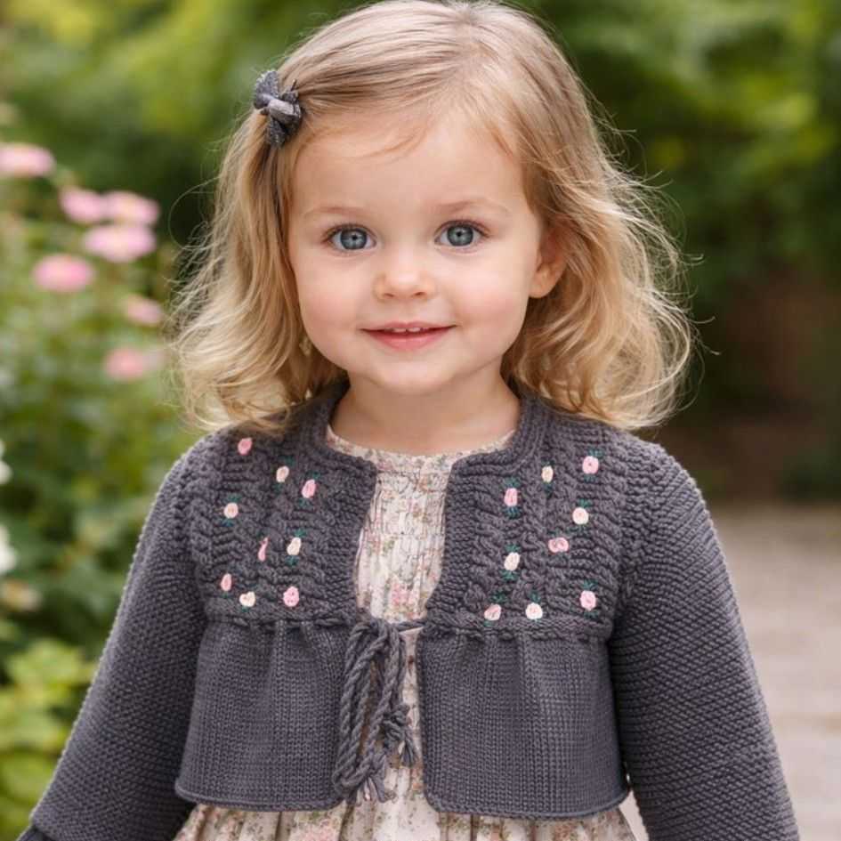 CHAQUETA NIÑA MARRÓN FLORES BORDADAS