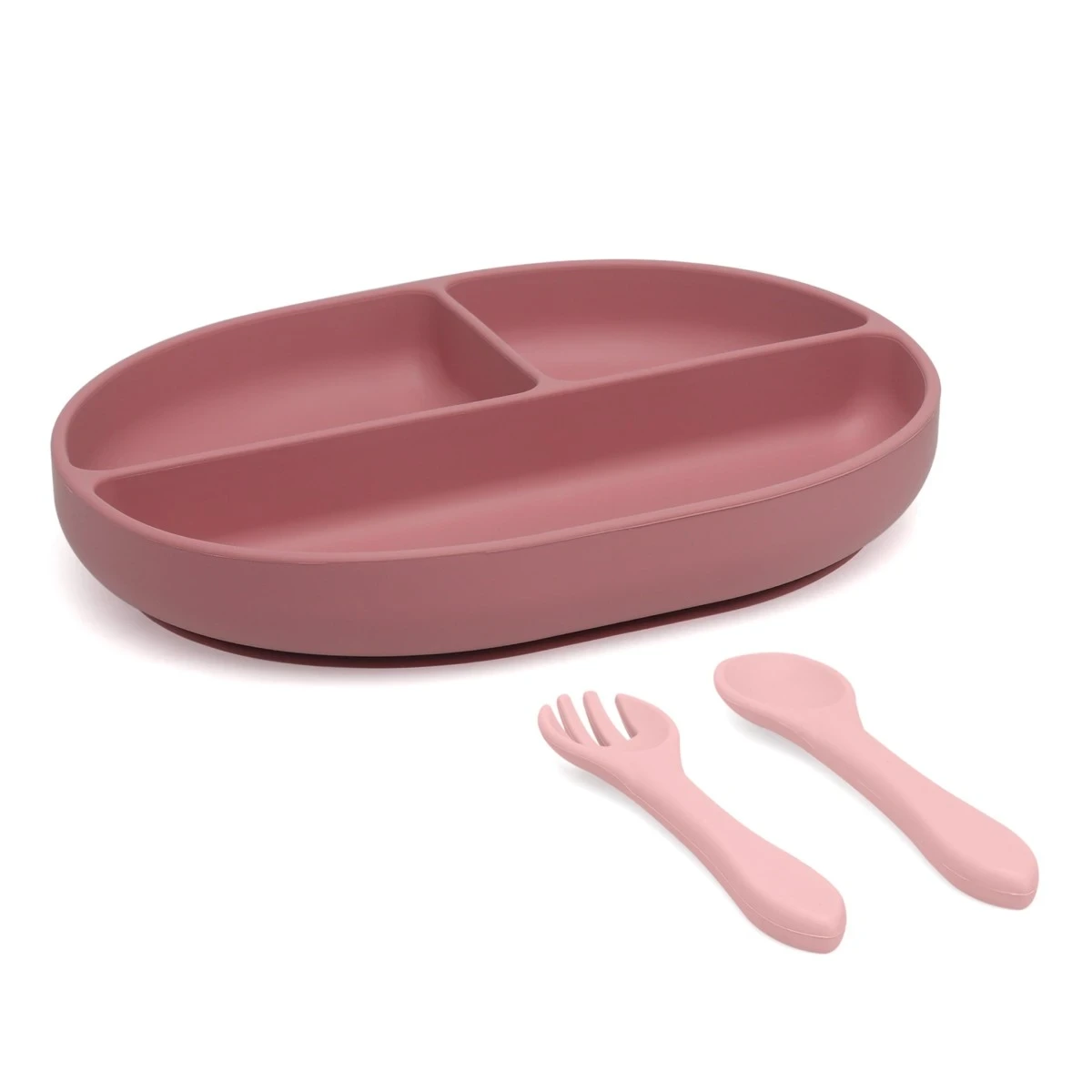 KIOKIDS 4291. SET DE CUBIERTOS Y BANDEJA BLW EN SILICONA CON DIVISIONES Y VENTOSA ROSA