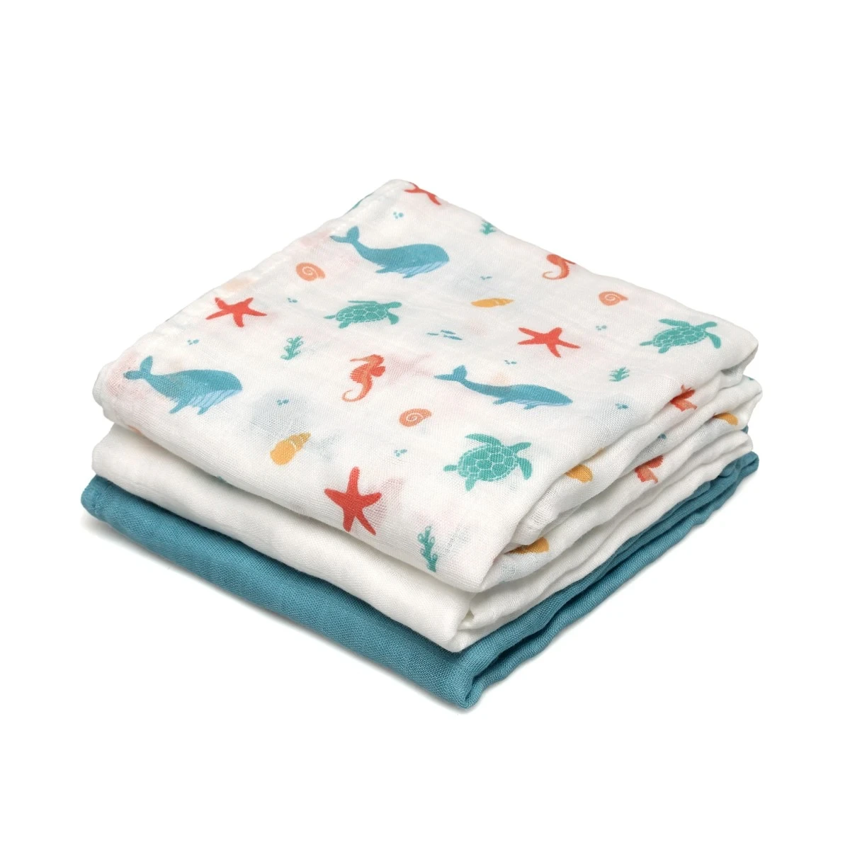 KIOKIDS 6403. SET DE 3 MUSELINAS AZUL, BLANCO Y ESTAMPADO MARINO 70X70CM