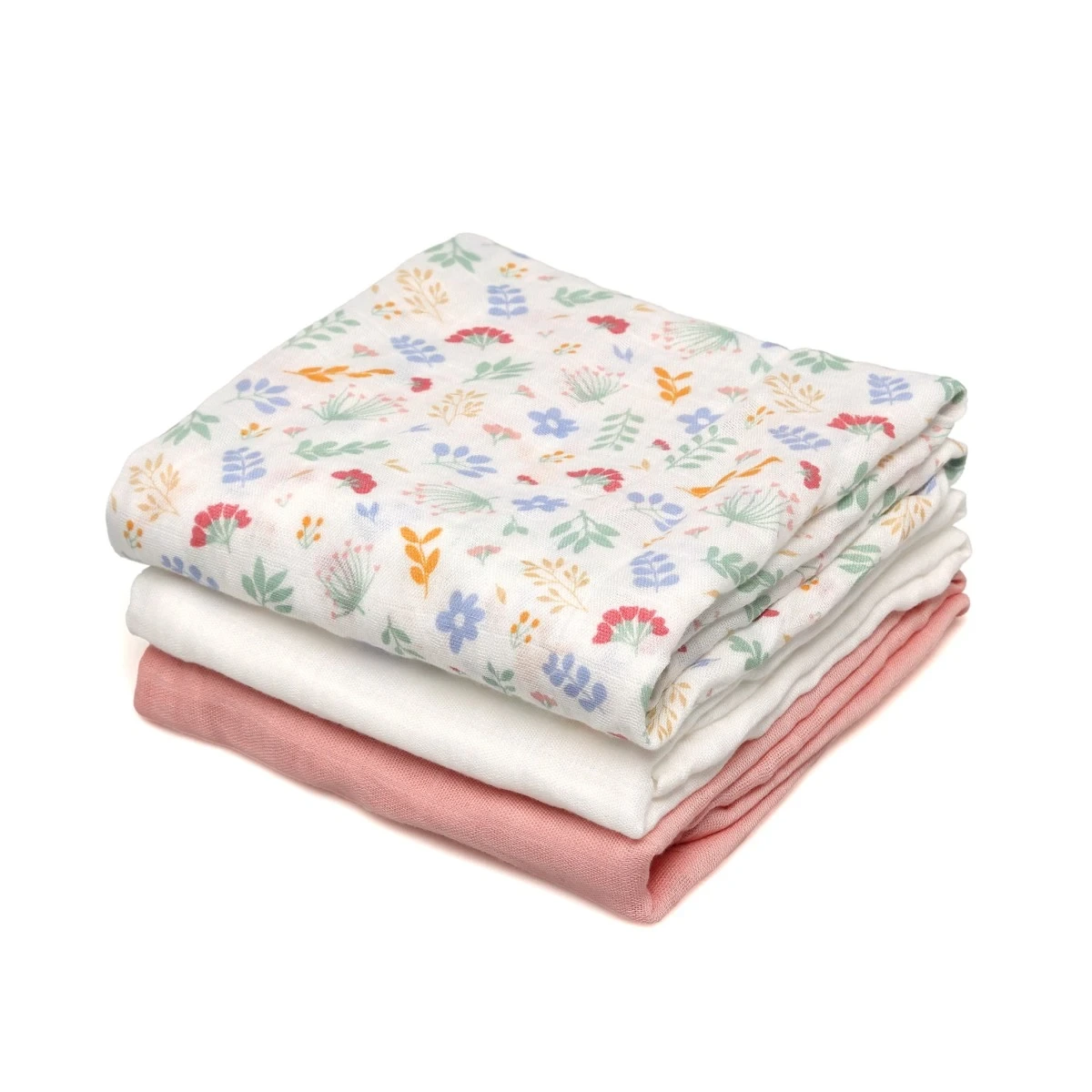 KIOKIDS 6410. SET DE 3 MUSELINAS ROSA, BLANCO Y ESTAMPADO DE FLORECITAS 70X70CM