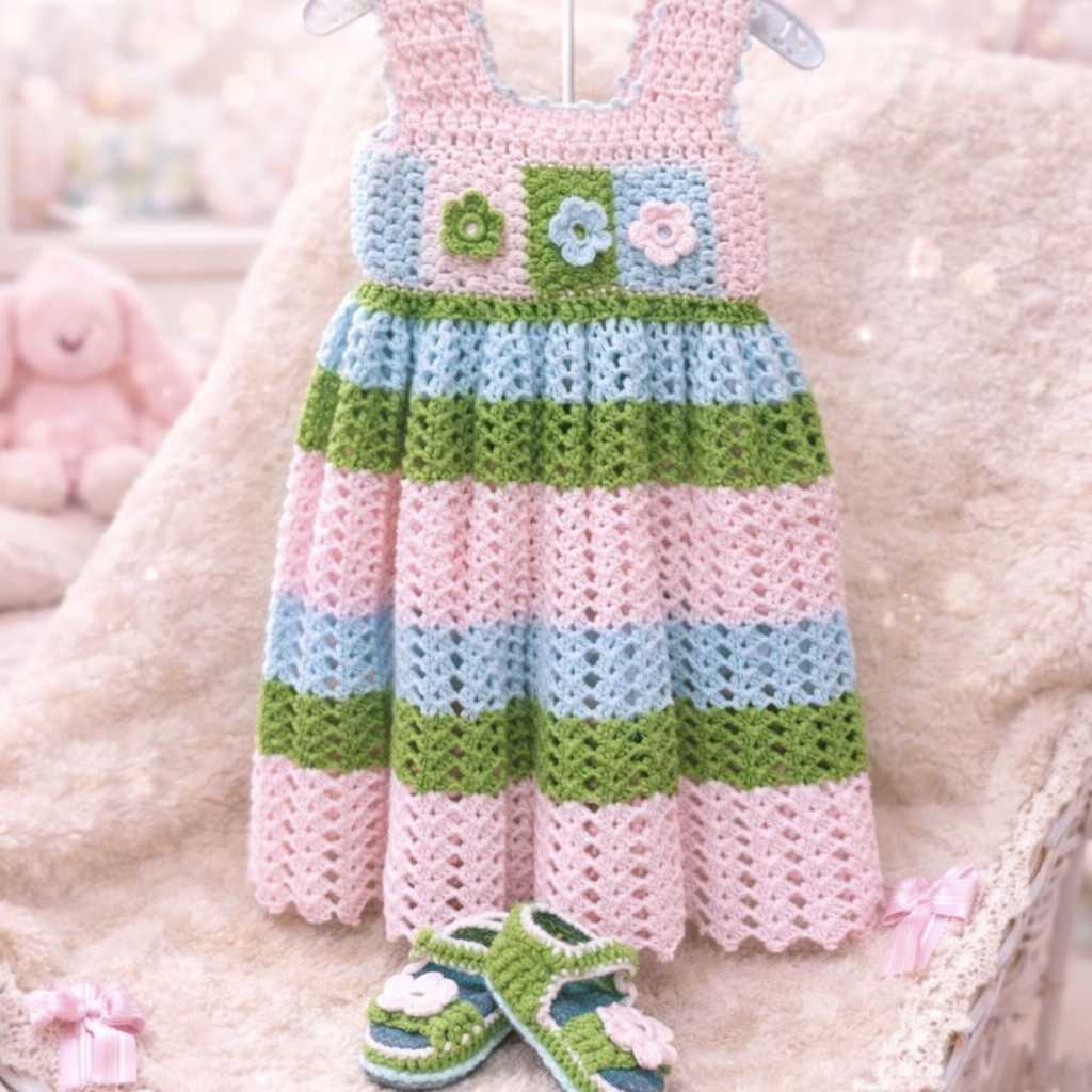 CONJUNTO VESTIDO GANCHILLO LANA TONOS PASTEL