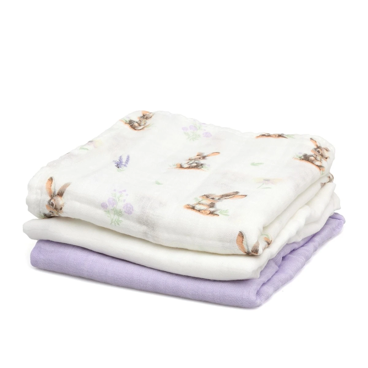 KIOKIDS 5297. SET 3 MUSELINAS CONEJITOS, LAVANDA Y BLANCO 70X70CM