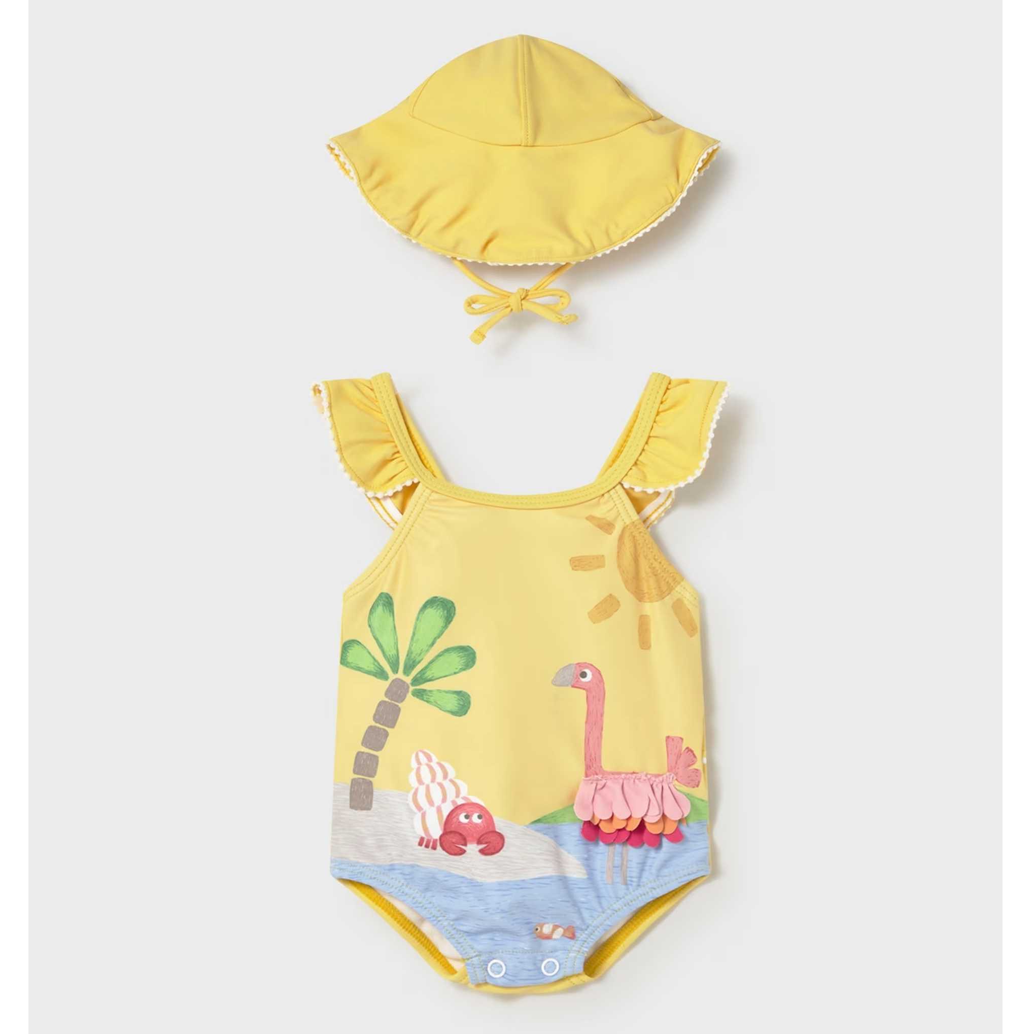 BEBÉ NIÑA 0 a 4 años. MAYORAL. BAÑADOR CON GORRO PROTECCIÓN SOLAR 26-01737-083 color MOSTAZA