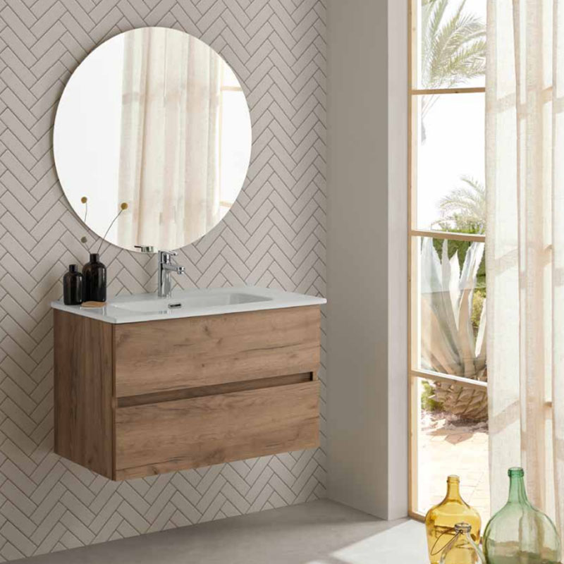 Mueble de baño con loza cerámica y dos cajones de 80 cmts