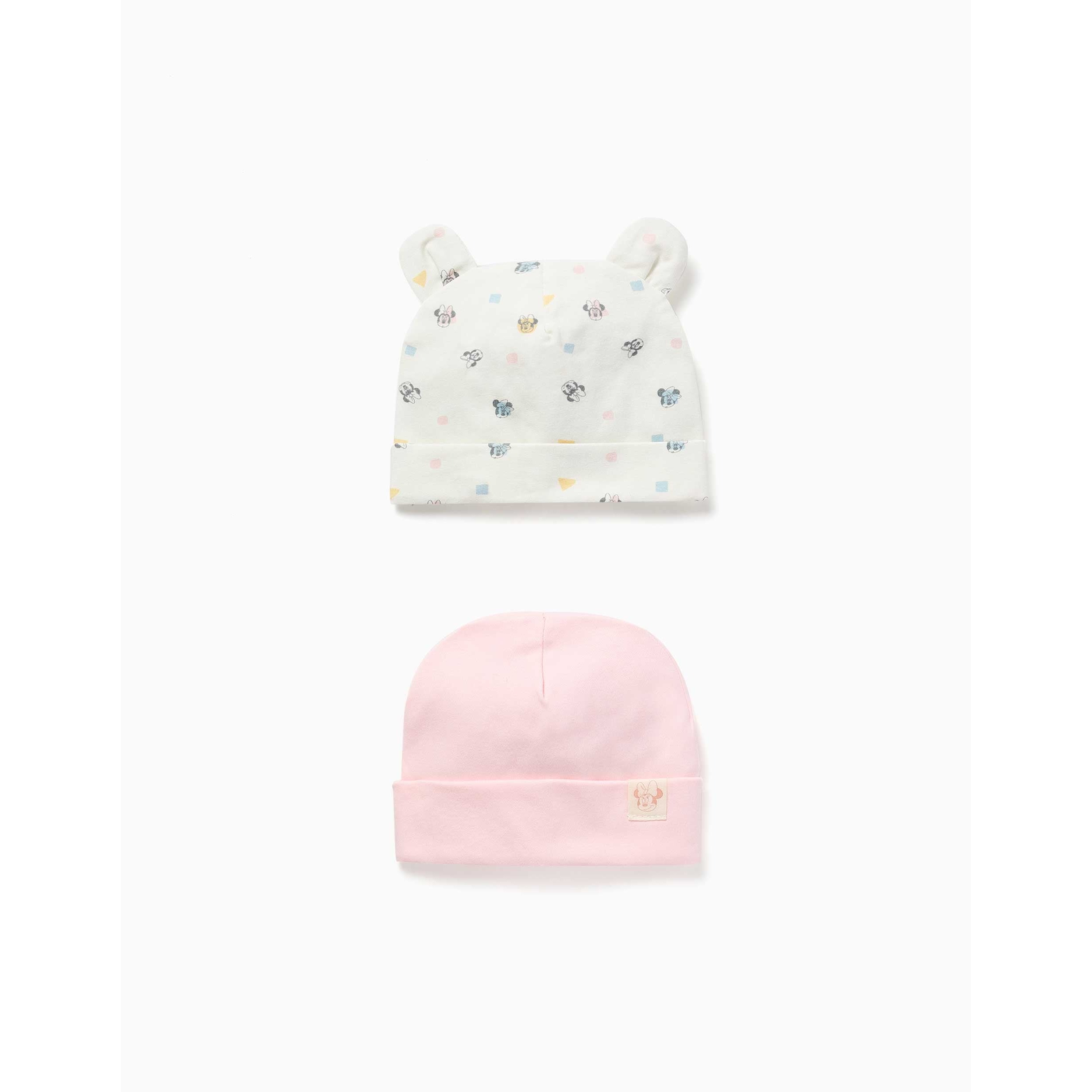 ZIPPY 31082357038. 2 GORROS DE ALGODÓN CON MOTIVO MINNIE PARA RECIÉN NACIDA. COLOR: ROSA/BLANCO
