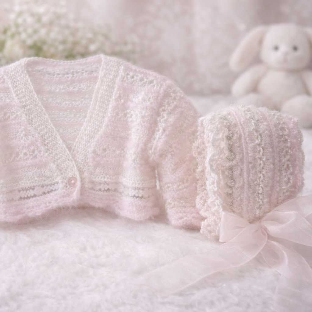 CHAQUETA Y CAPOTA NIÑA EN MARFIL Y ROSA