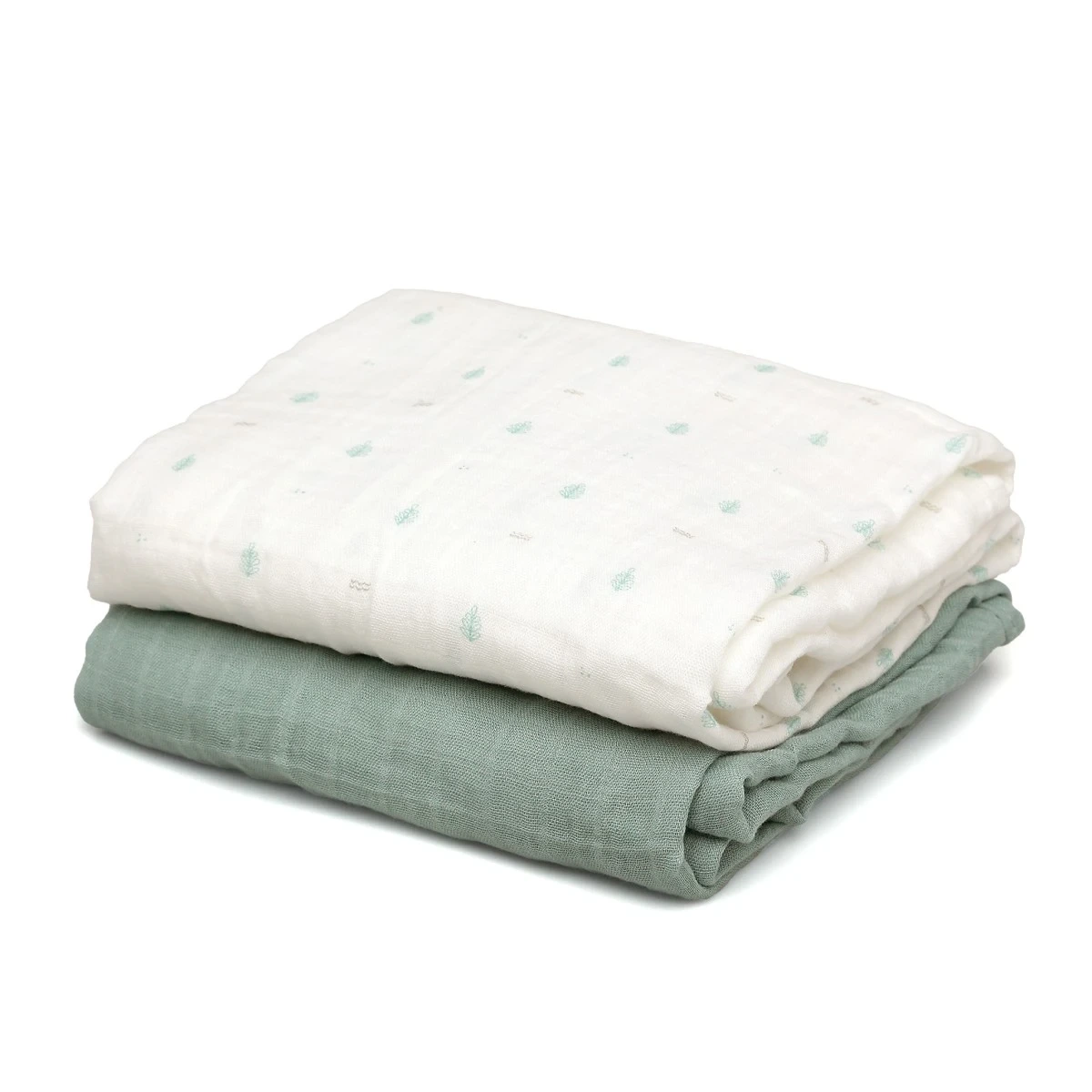 KIOKIDS 5245. SET 2 MUSELINAS SALVIA, BLANCO Y ESTAMPADO 120X120CM